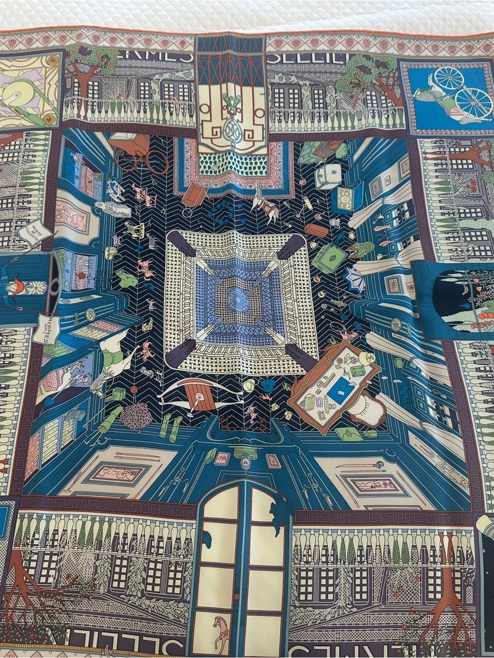 Hermes carre 90 silk scarf objects de curiosite new in box blue and orange motif